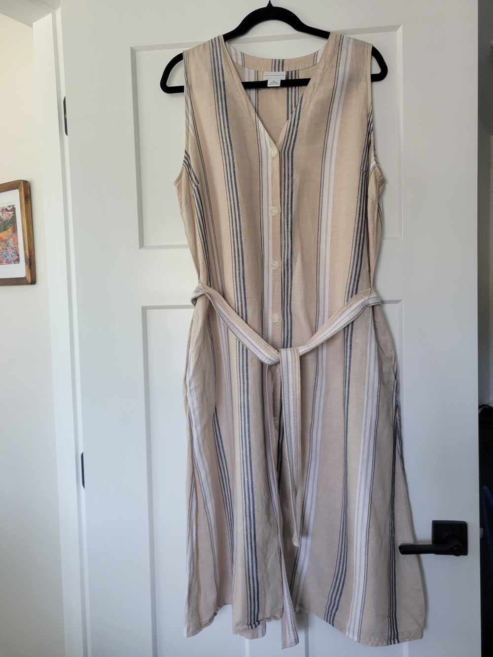 Liz Claiborne Sleeveless Linen Beige Striped Button-Front Dress with Tie Waist